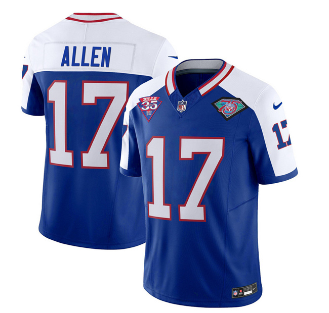 Men's Buffalo Bills #17 Josh Allen Blue/White 2023 F.U.S.E. 75th Anniversary Throwback Vapor Untouchable Limited Football Stitched Jersey